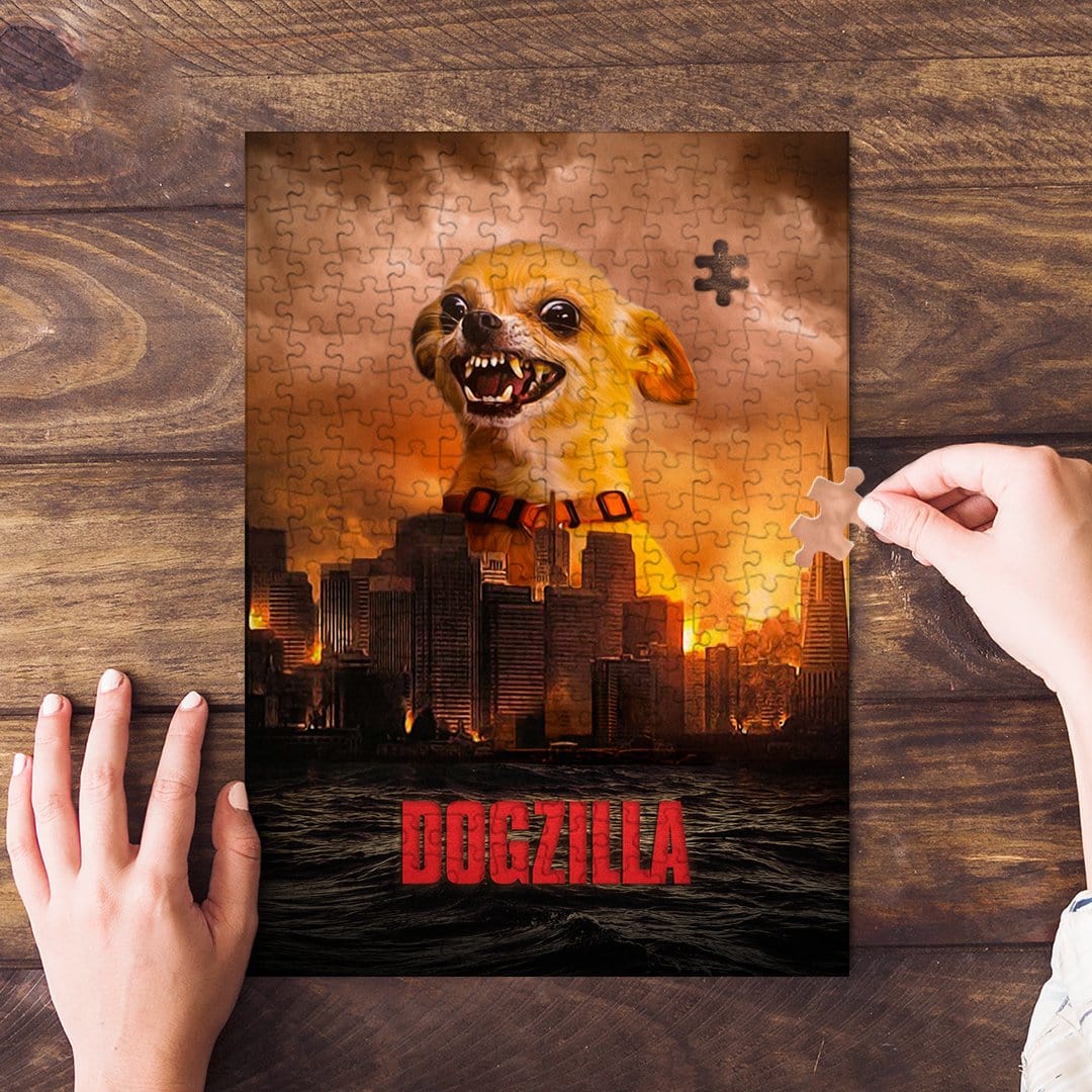 Personalized Dogzilla puzzle featuring a chihuahua over a city skyline, with hands assembling pieces.