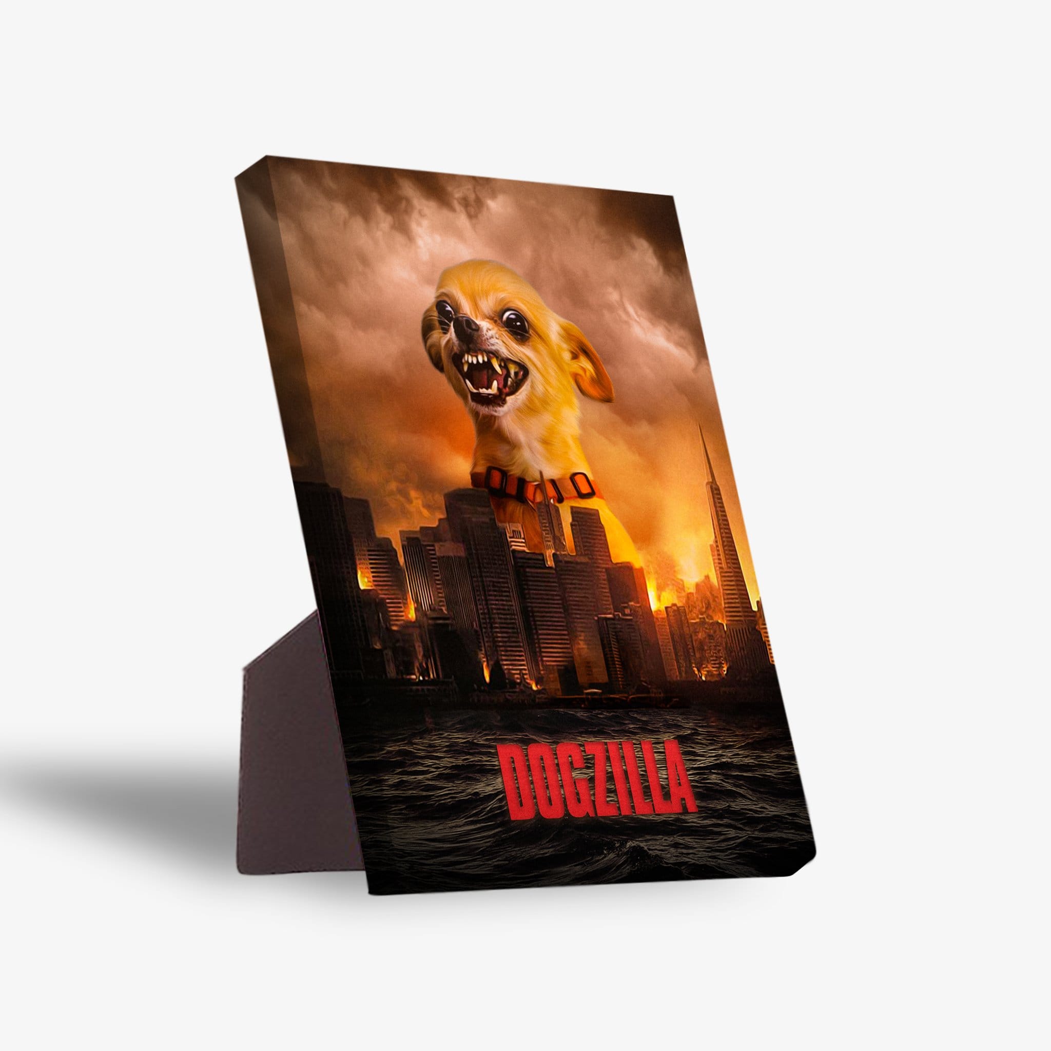 Dogzilla personalized pet standing canvas featuring a chihuahua over a city skyline with a stormy, orange sky.