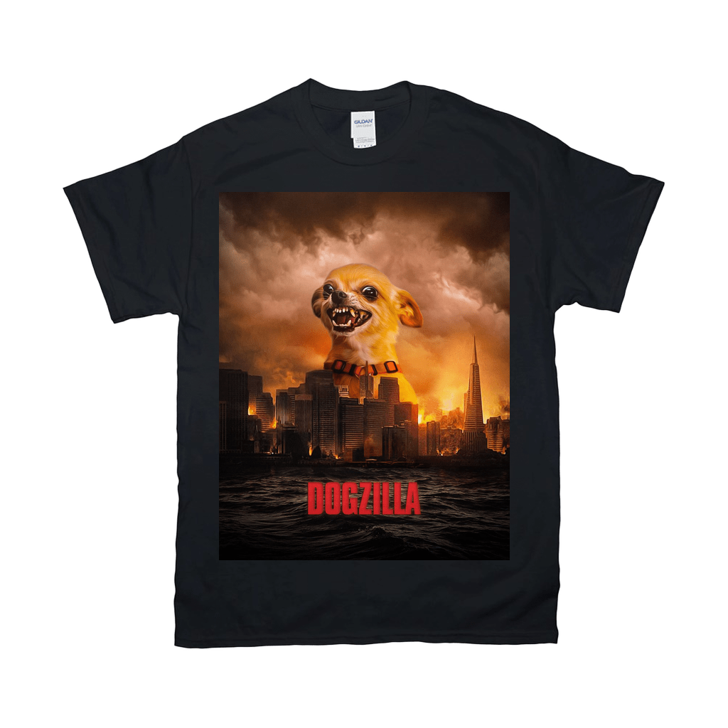 Black Gildan t-shirt with a "Dogzilla" movie poster design featuring a chihuahua over a city skyline.