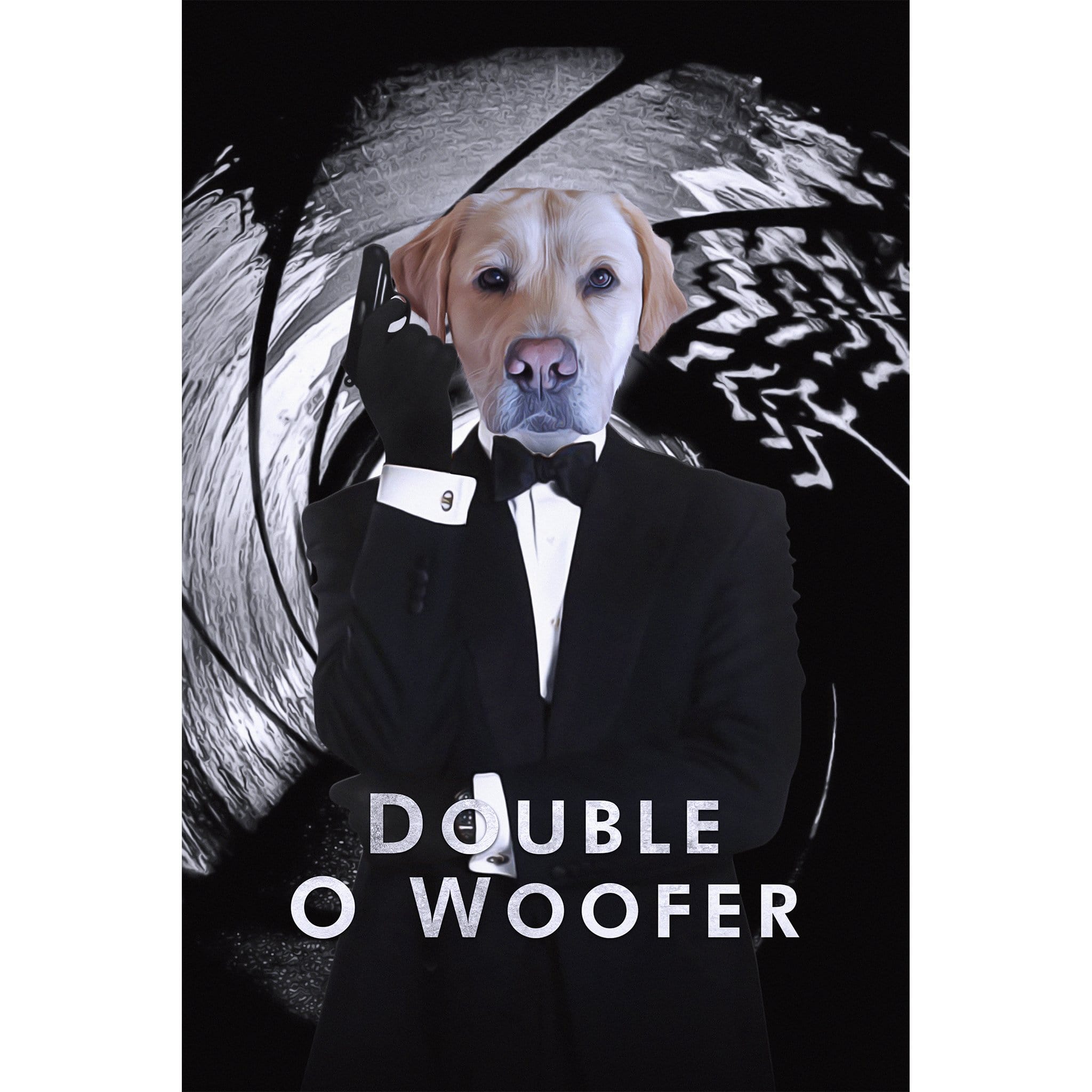 Custom digital portrait of a yellow lab dog in a black tuxedo, holding a finger gun, against a black and white spy background.