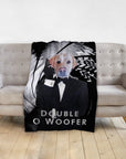 Personalized pet blanket with a Doggovinci portrait of a labrador in a black tuxedo, "Double O Woofer" text.