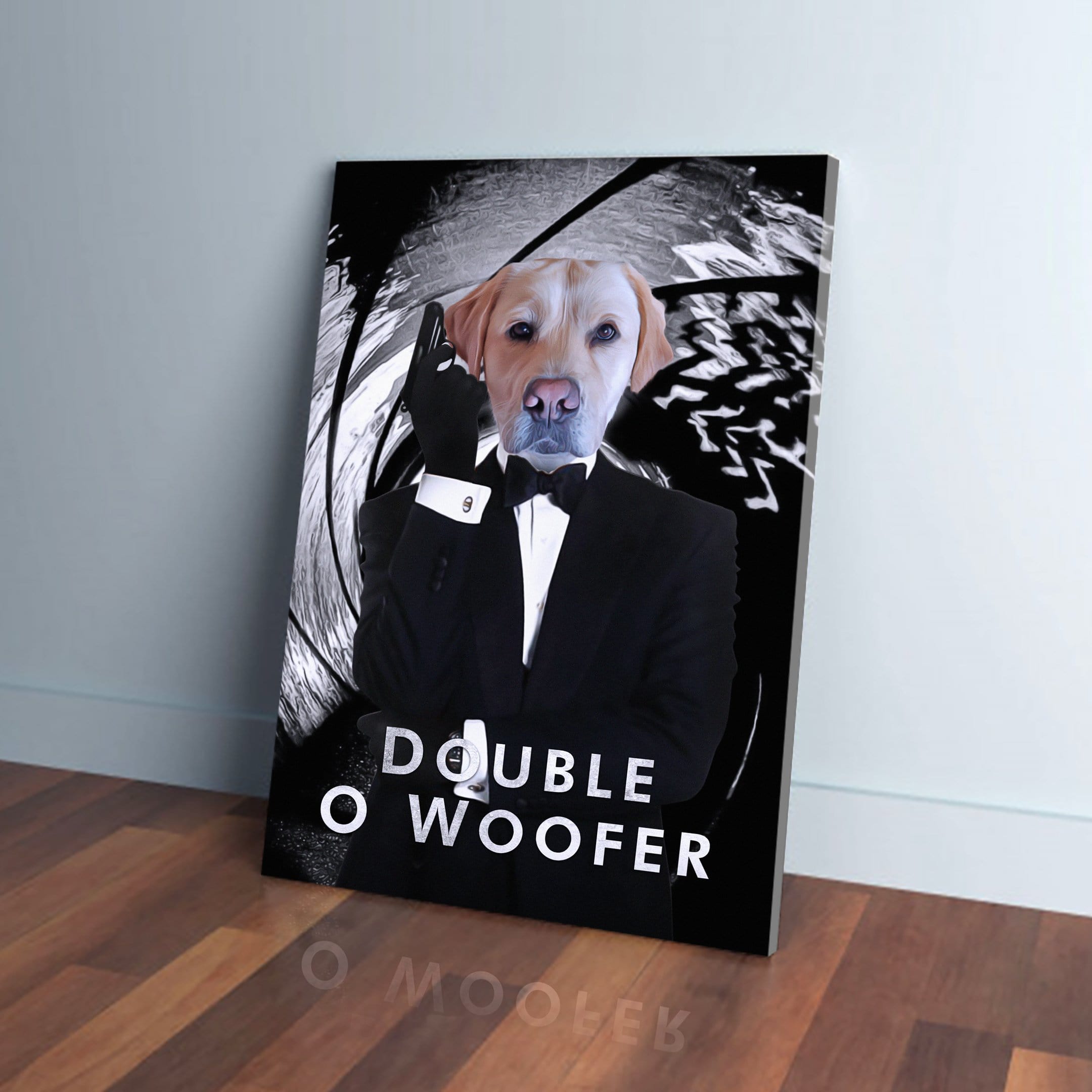 Personalized 'Double O Woofer' pet canvas featuring a yellow lab in a black tuxedo against a black and white background.