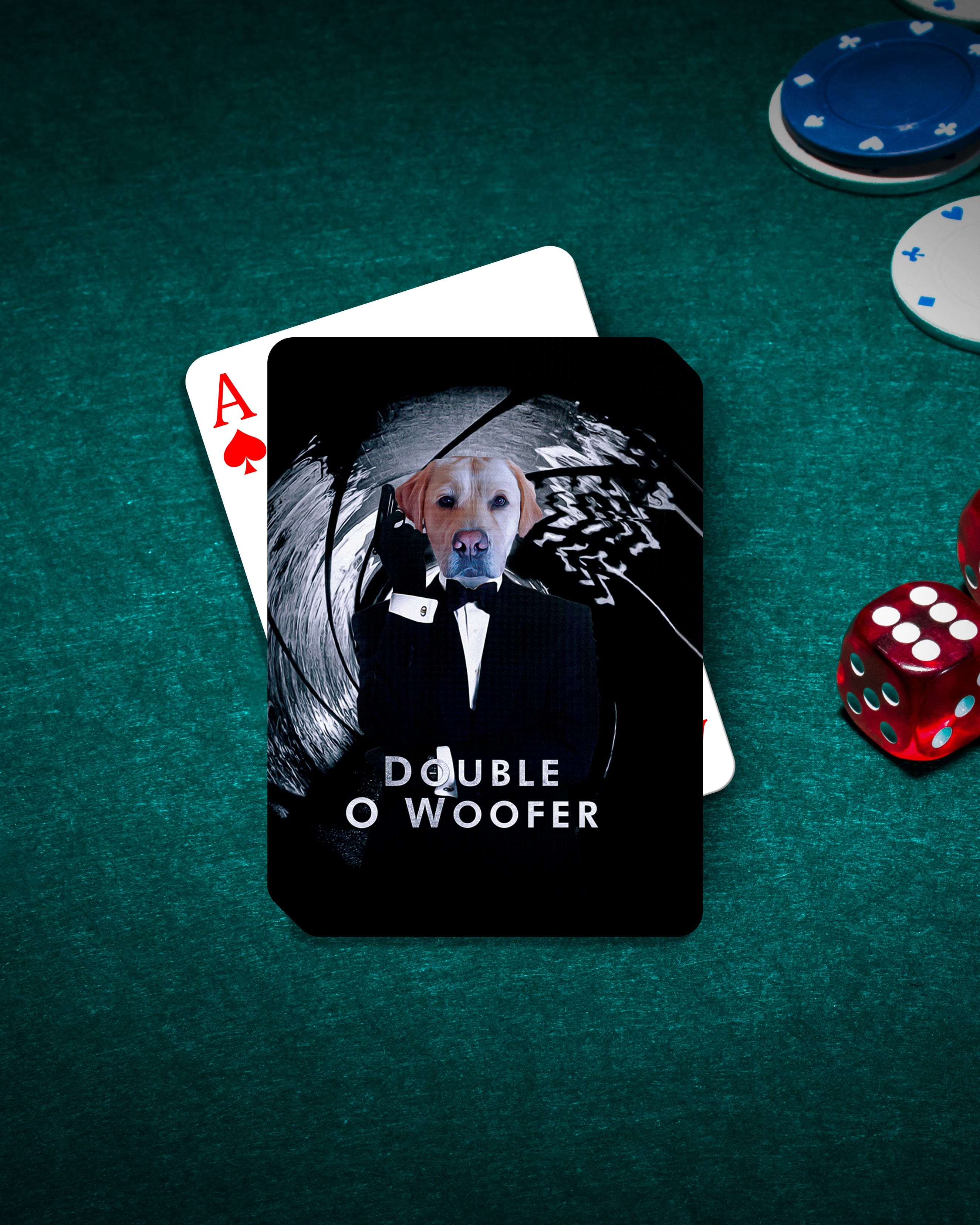 Personalized playing cards featuring a dog in a tuxedo, "Double O Woofer" design, on a green felt table.