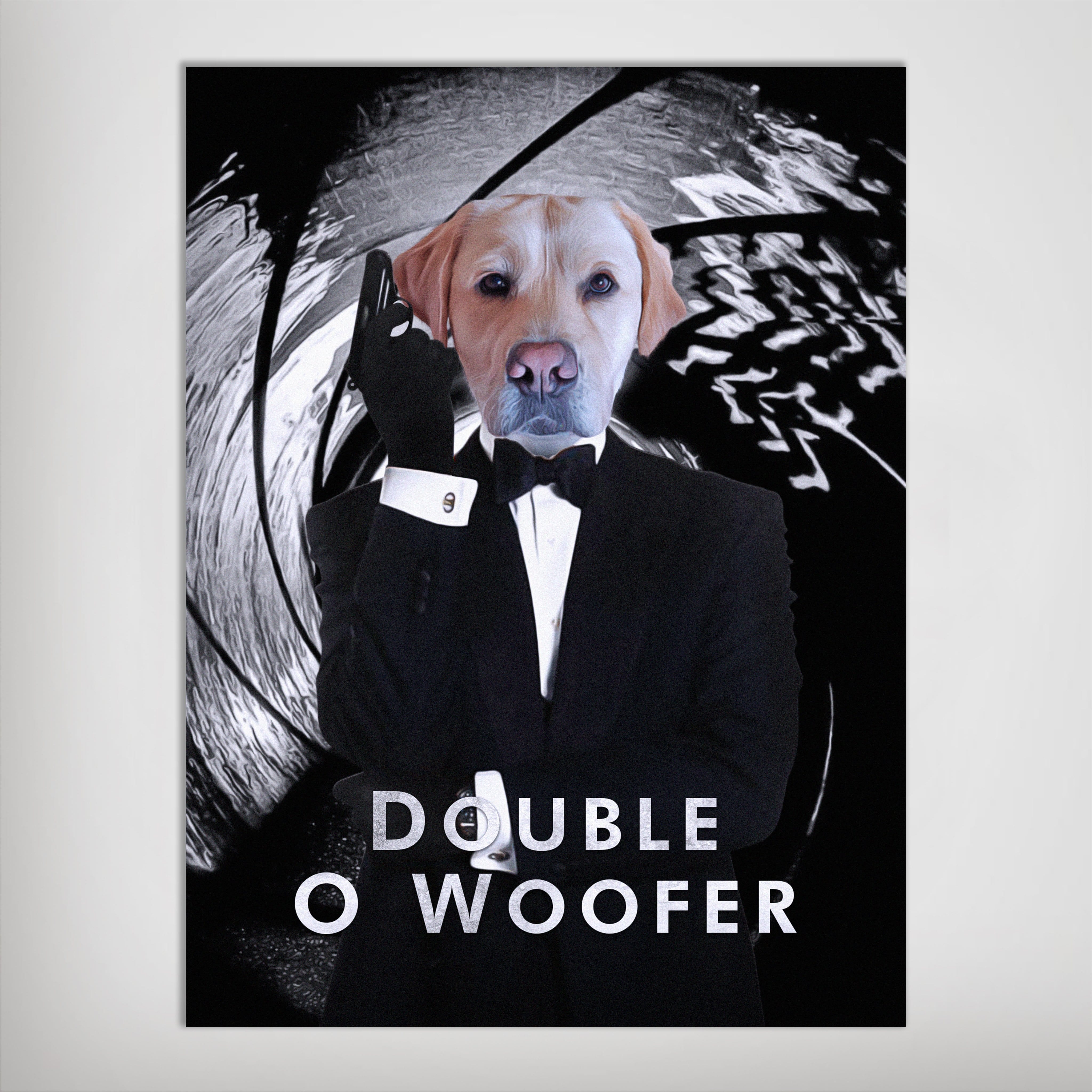 Personalized "Double O Woofer" poster featuring a golden retriever in a tuxedo holding a gun, against a black and white spiral background.