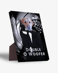 Personalized 'Double O Woofer' pet standing canvas featuring a yellow lab in a tuxedo.