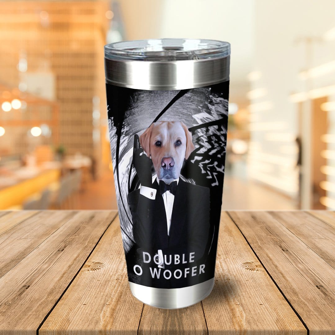 Personalized stainless steel tumbler with a custom portrait of a dog in a tuxedo, "Double O Woofer" text.