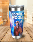 Personalized stainless steel tumbler with a dog in a Doctor Who costume, "Doctor Woof" text, and blue galaxy background.