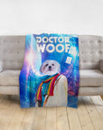 Personalized "Dr. Woof" custom pet blanket featuring a Shih Tzu in a Doctor Who-inspired portrait.