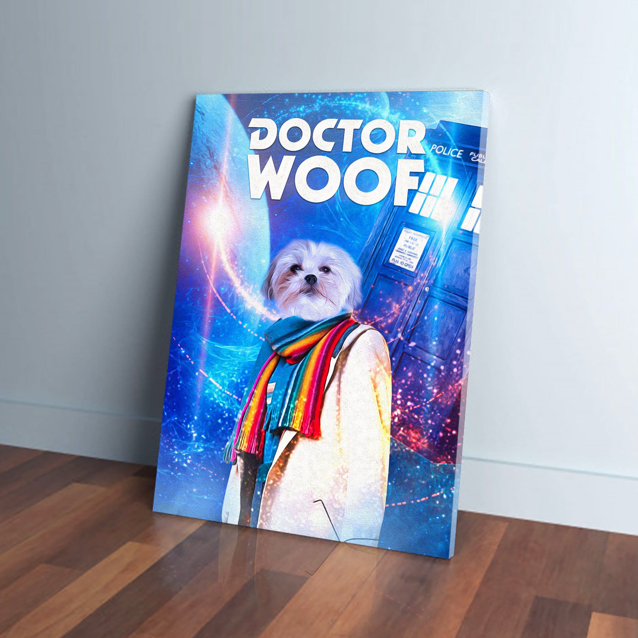 Personalized 'Dr. Woof' pet canvas featuring a white dog in a rainbow scarf against a blue galaxy background.