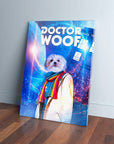 Personalized 'Dr. Woof' pet canvas featuring a white dog in a rainbow scarf against a blue galaxy background.