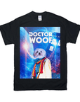 Black Gildan t-shirt with a personalized "Doctor Woof" design featuring a white dog in a scarf and a blue police box.
