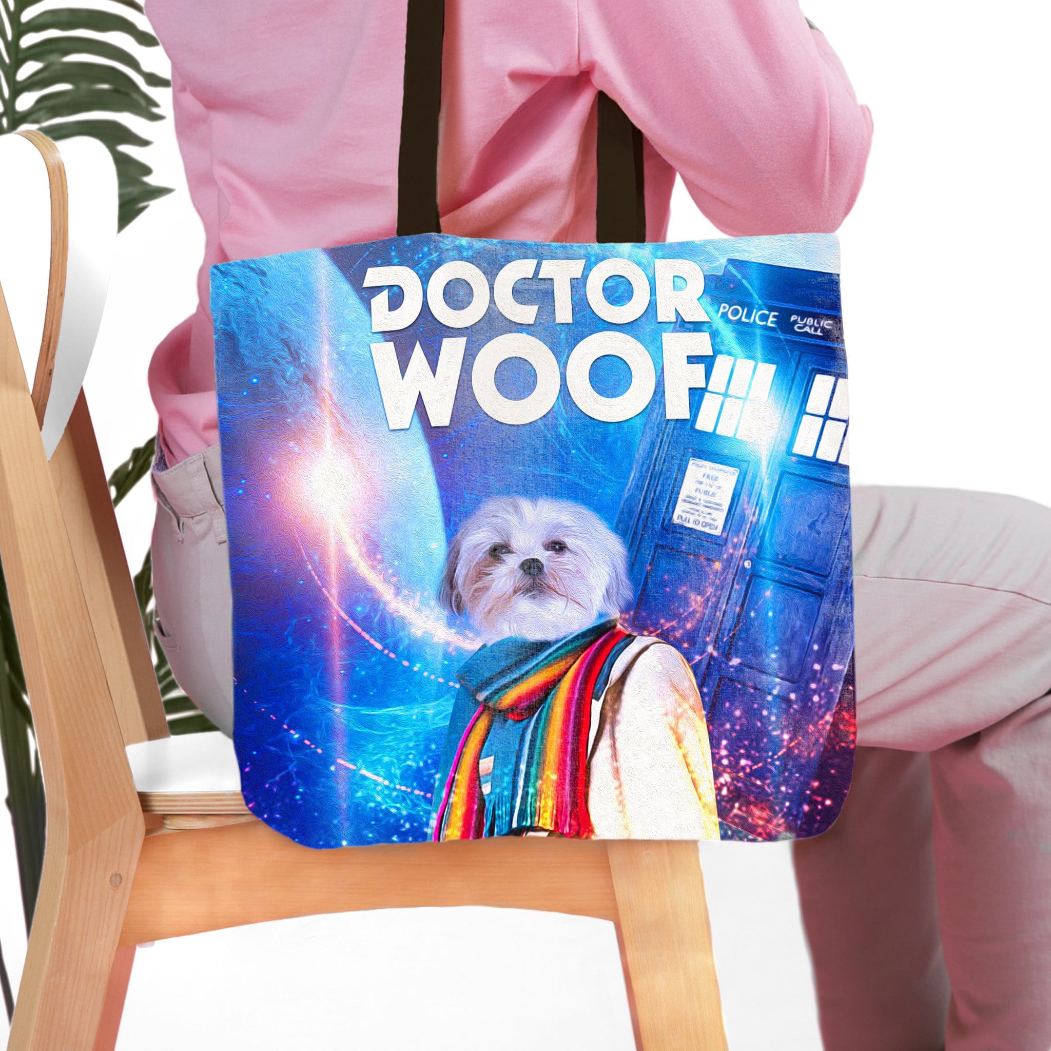 Personalized "Dr. Woof" tote bag featuring a white dog pet portrait in a Doctor Who-inspired design.