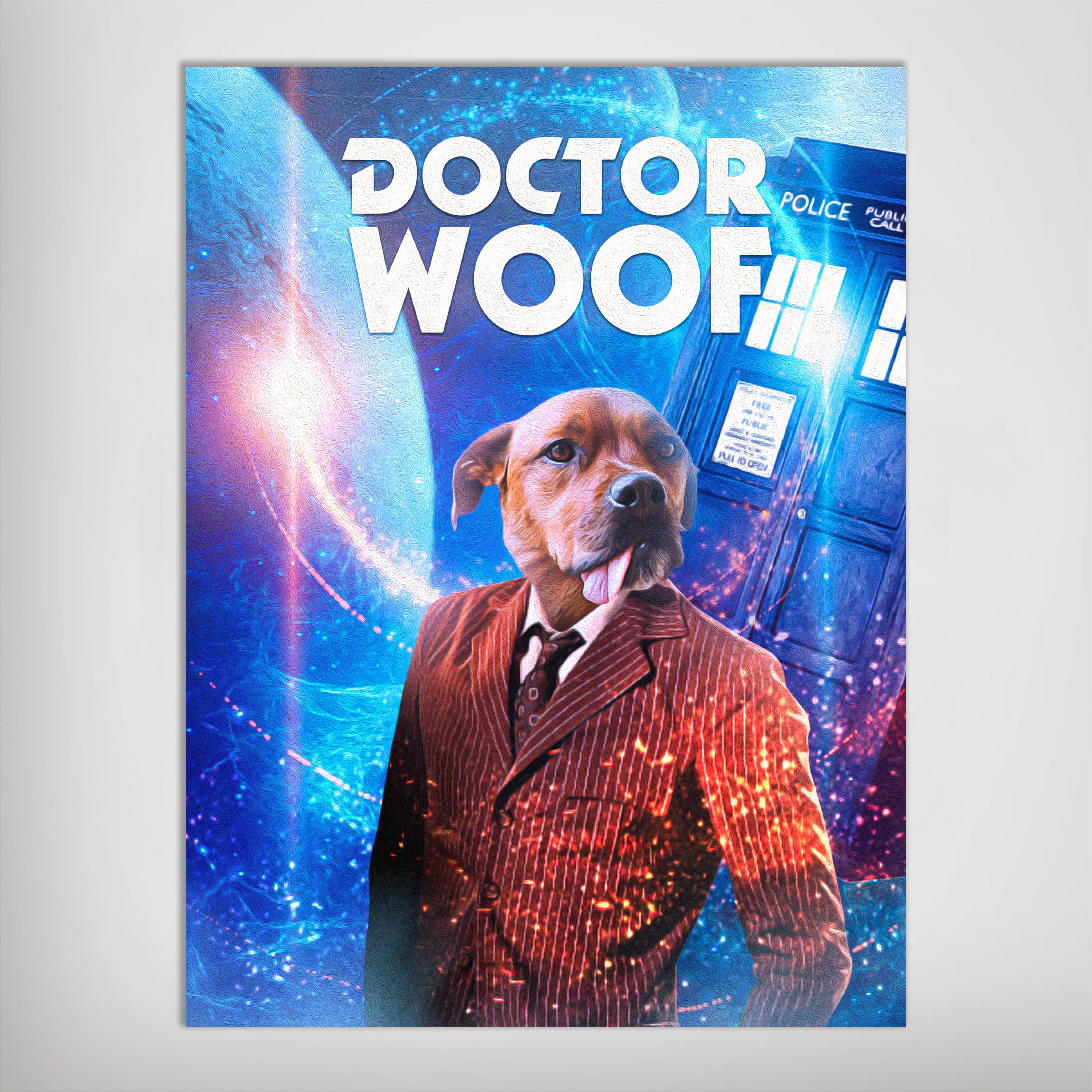 Personalized "Dr. Woof" pet poster featuring a dog in a brown suit against a blue cosmic background.