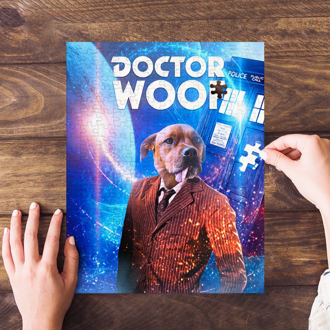 Personalized "Dr. Woof" puzzle featuring a custom dog portrait in a brown suit against a blue space background.