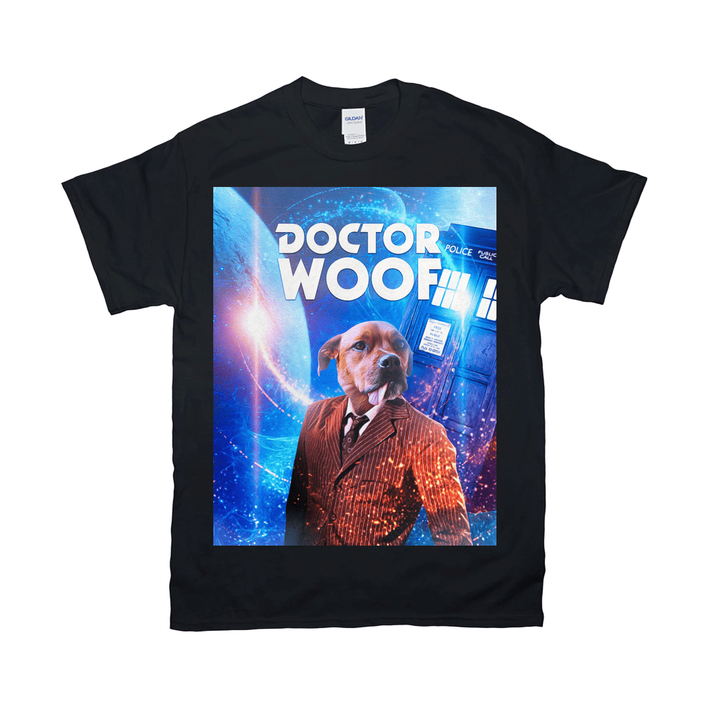 Black Gildan t-shirt with "Dr. Woof" design featuring a dog in a suit and a blue police box.