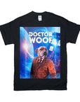 Black Gildan t-shirt with "Dr. Woof" design featuring a dog in a suit and a blue police box.