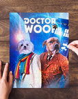 Personalized "Doctor Woof" puzzle featuring two custom pet portraits in Doctor Who-inspired outfits.