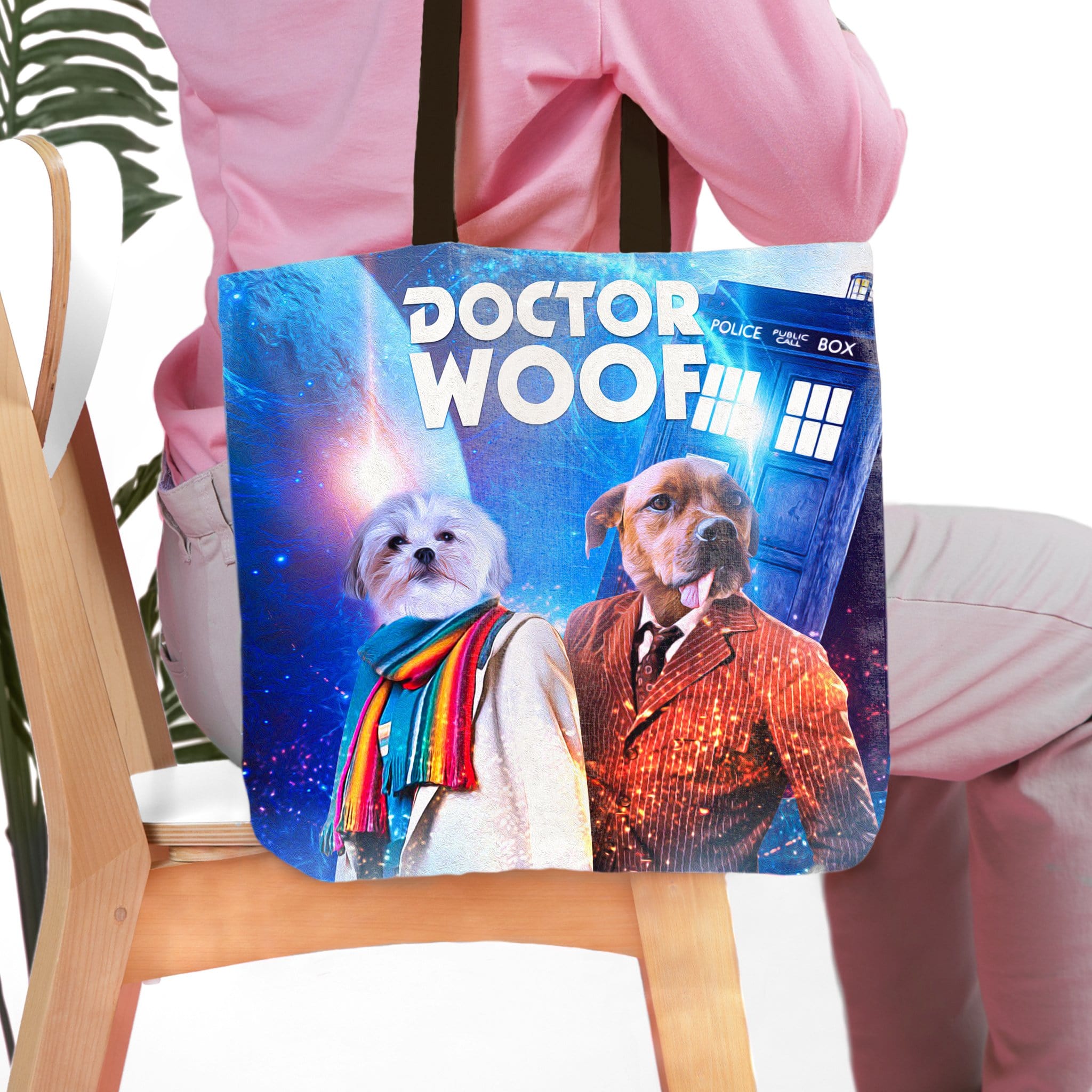 Personalized "Dr. Woof" tote bag with custom pet portraits in Doctor Who style, featuring a white dog and a brown dog.
