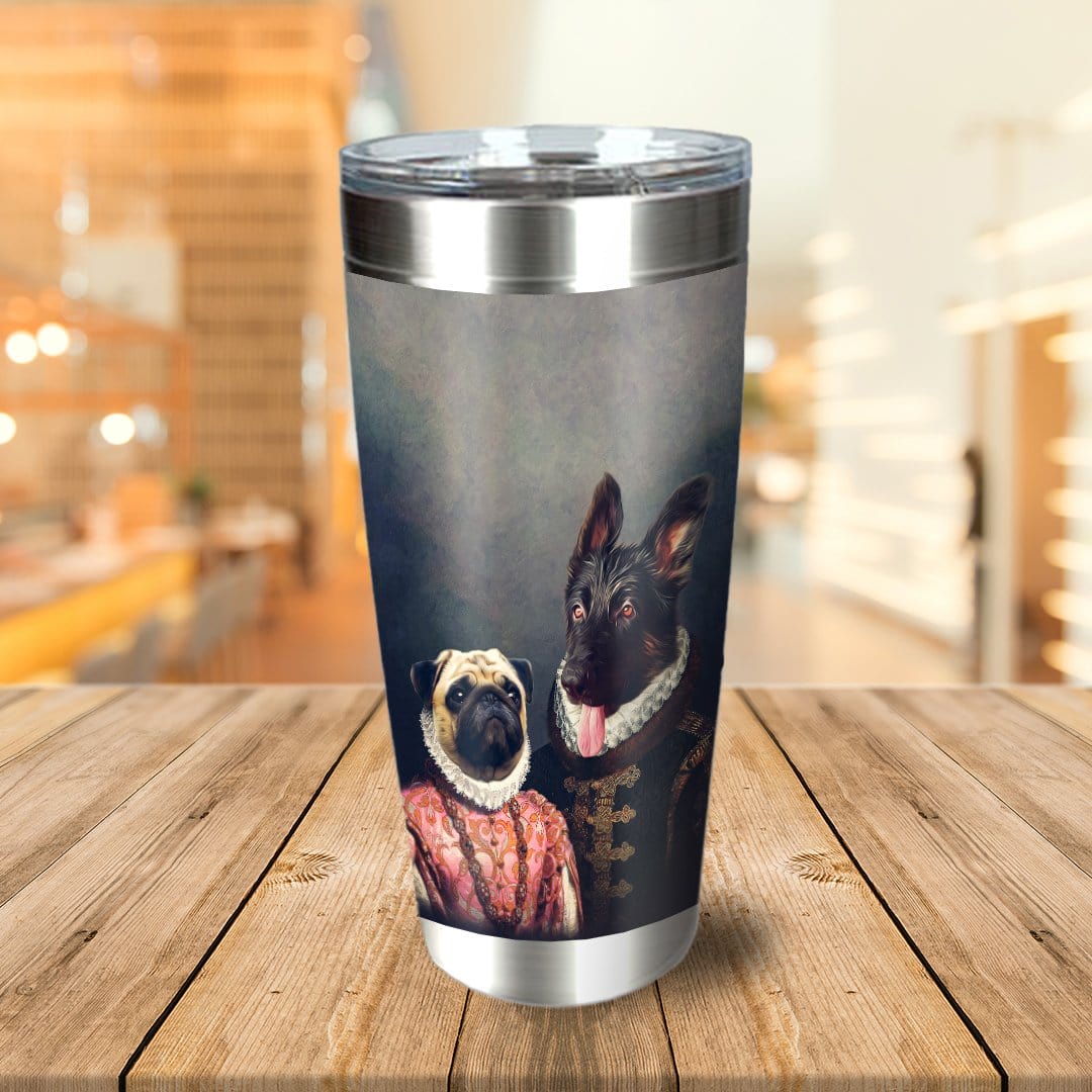 Personalized stainless steel tumbler with custom renaissance portraits of a pug and a black dog.