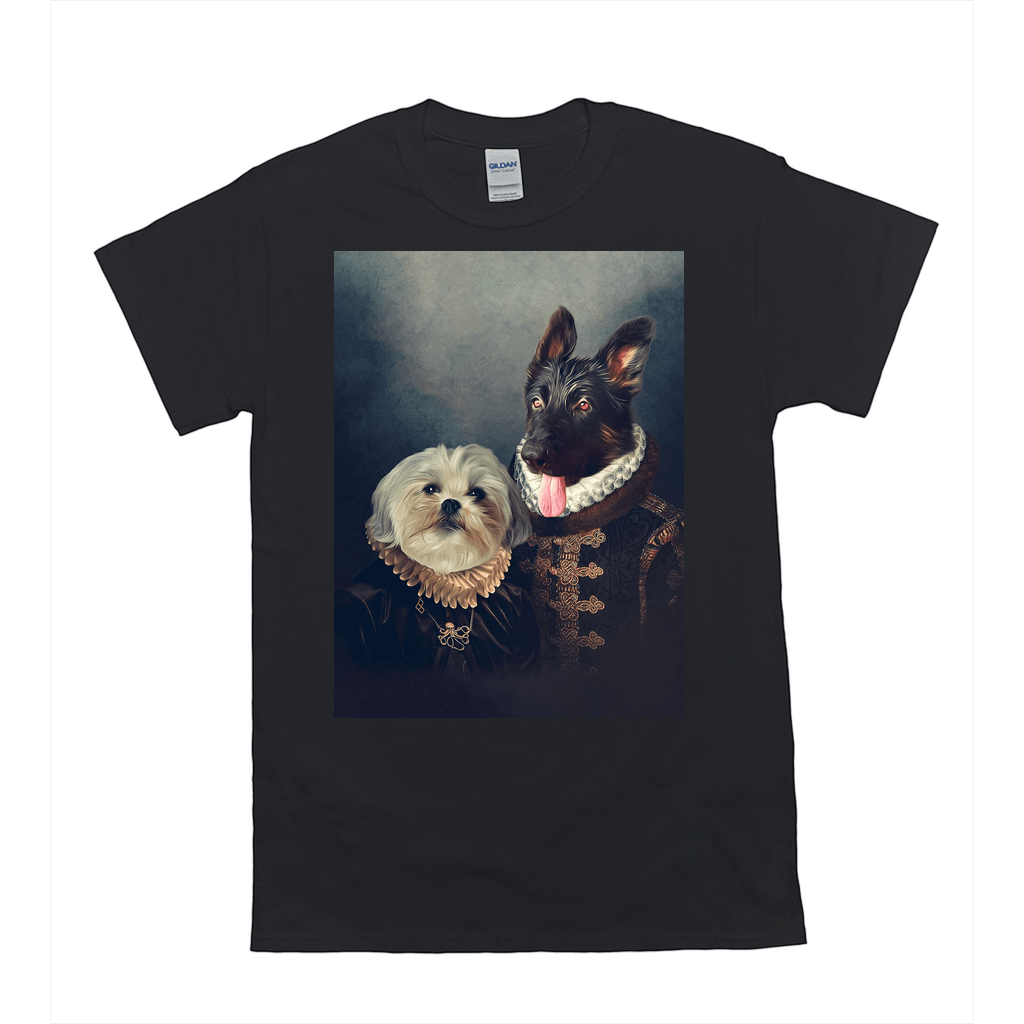 Black Gildan t-shirt featuring a personalized portrait of two pets dressed as a duke and duchess.