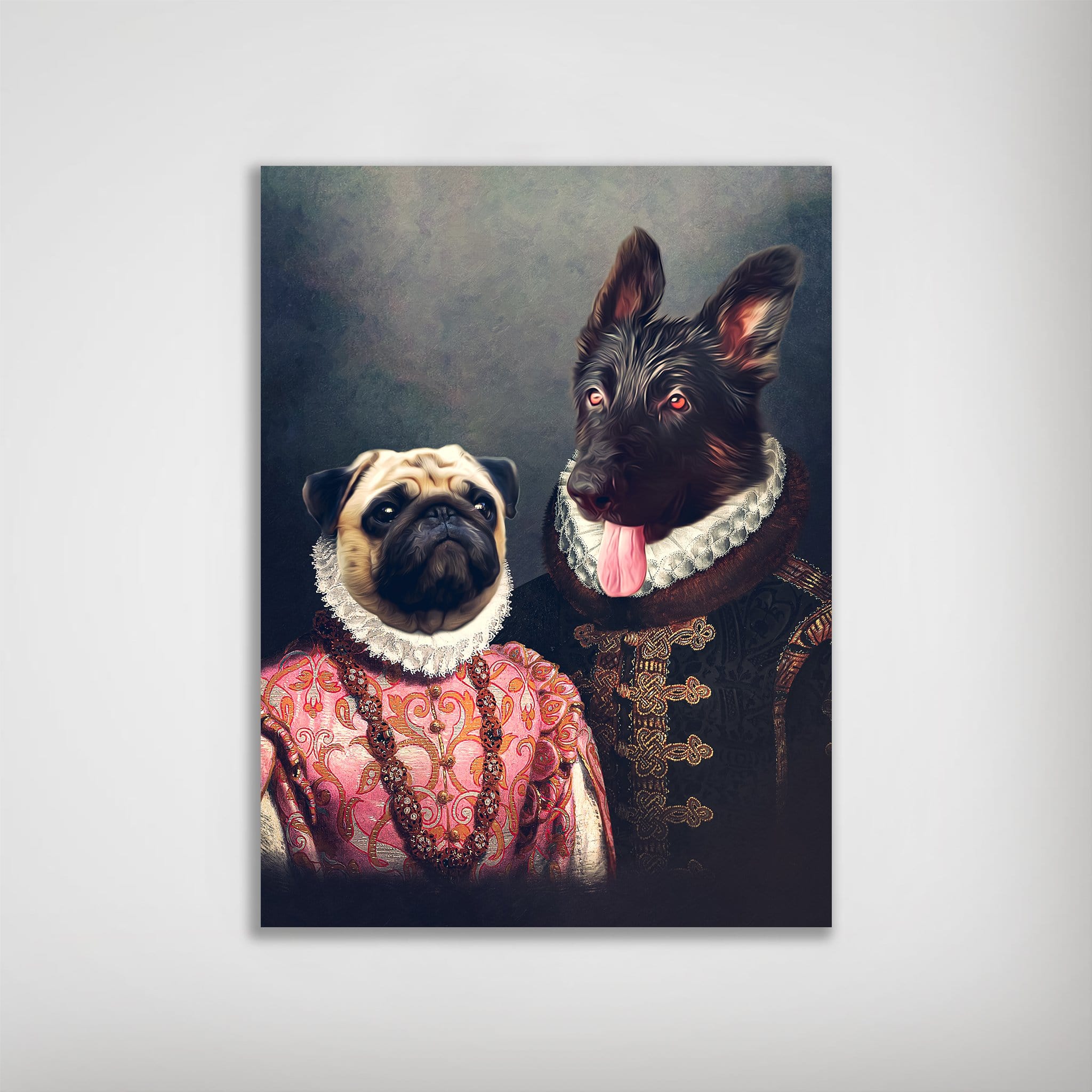 Personalized "Duke and Archduchess" poster featuring a pug in a pink gown and a German Shepherd in a dark duke's suit.