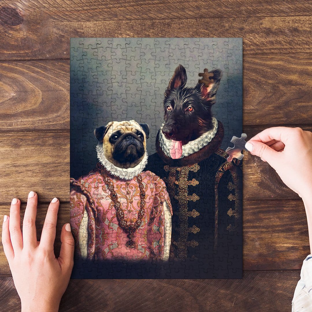 Personalized 2 pet puzzle featuring a pug and German Shepherd in Renaissance royal attire.