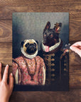 Personalized 2 pet puzzle featuring a pug and German Shepherd in Renaissance royal attire.