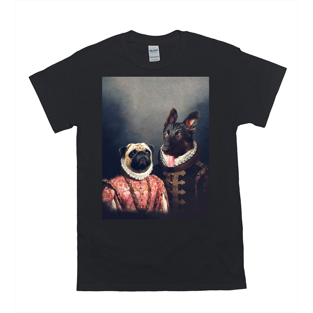 Black Gildan t-shirt with a personalized portrait of a pug and a dark dog dressed as a duke and archduchess.