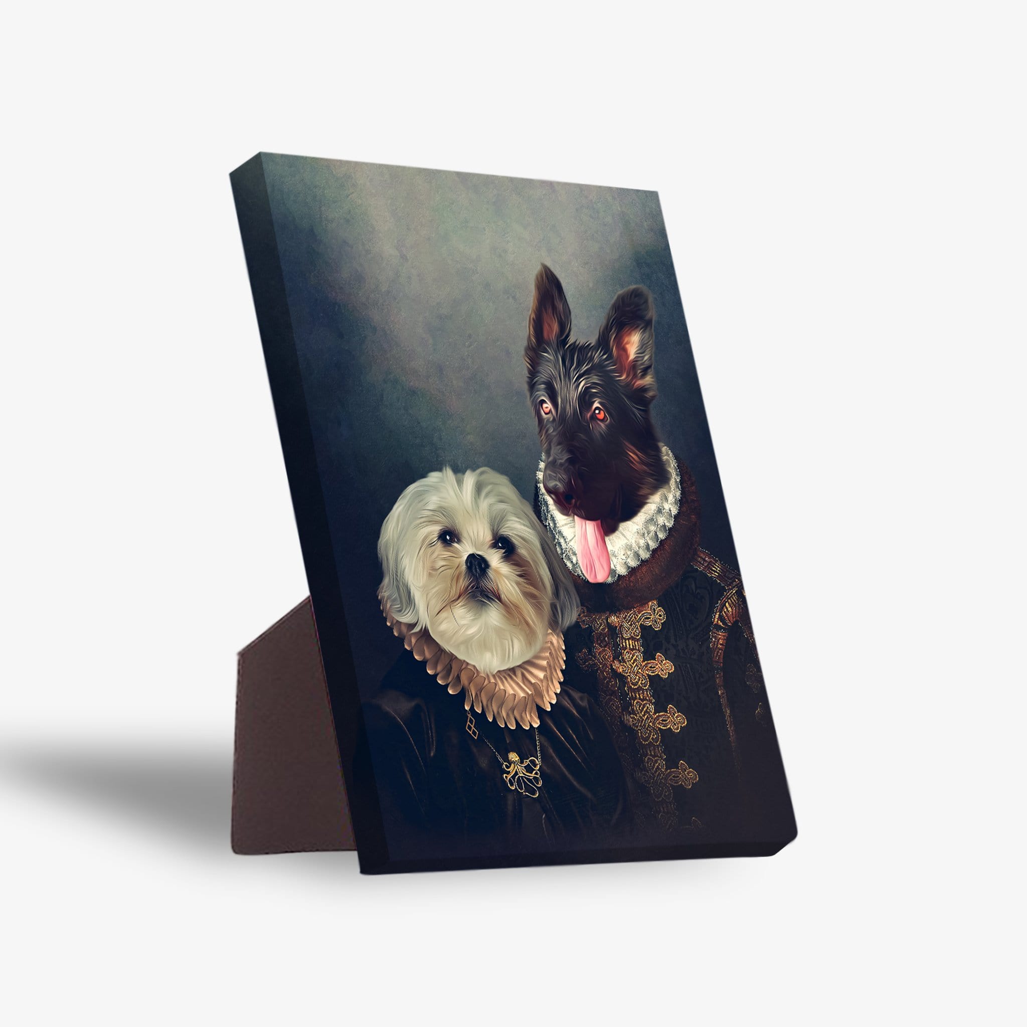 Personalized 'Duke and Duchess' 2-pet standing canvas featuring a white dog and a black dog in regal attire.