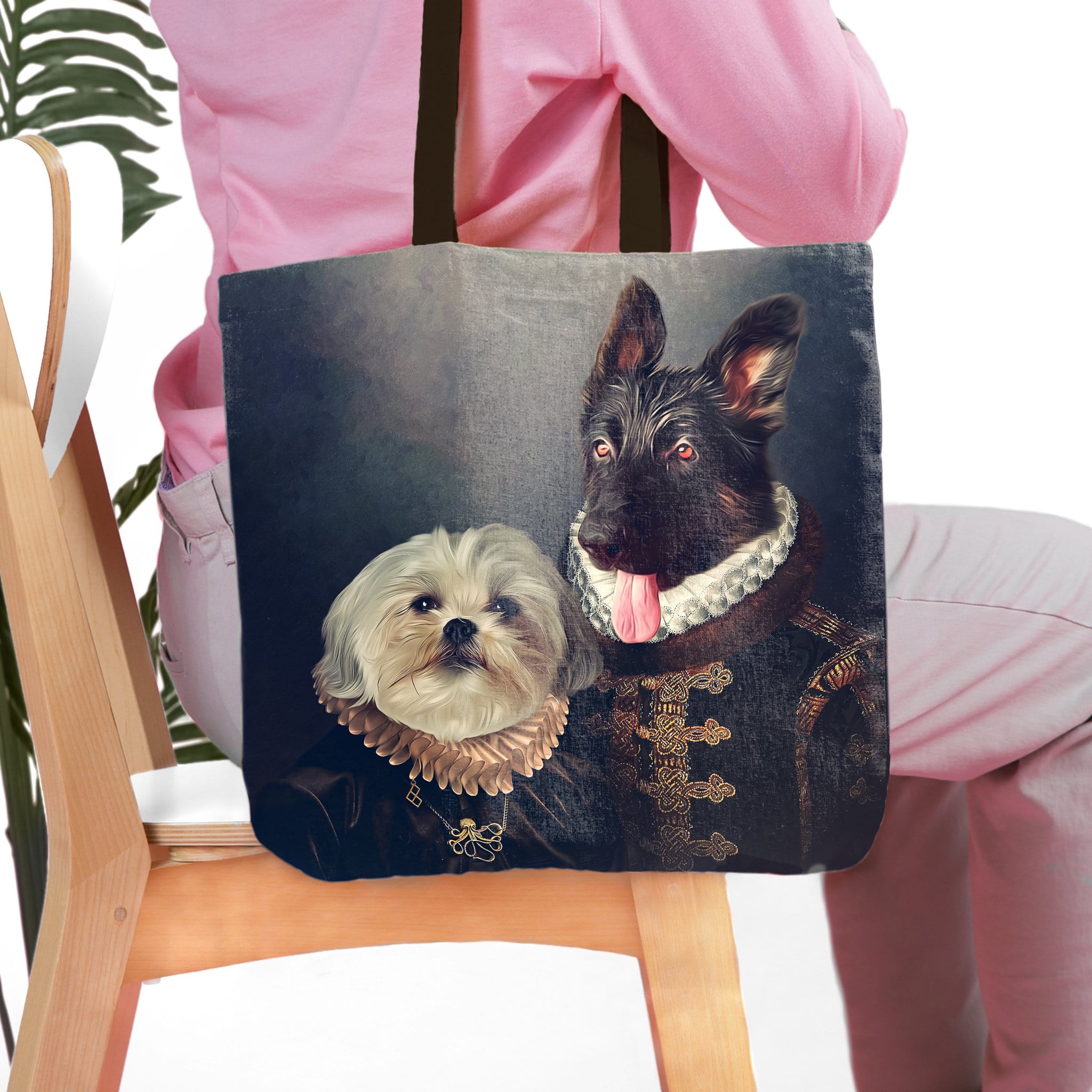 Personalized 'Duke and Duchess' tote bag with custom renaissance pet portraits of a dog and a Shih Tzu.