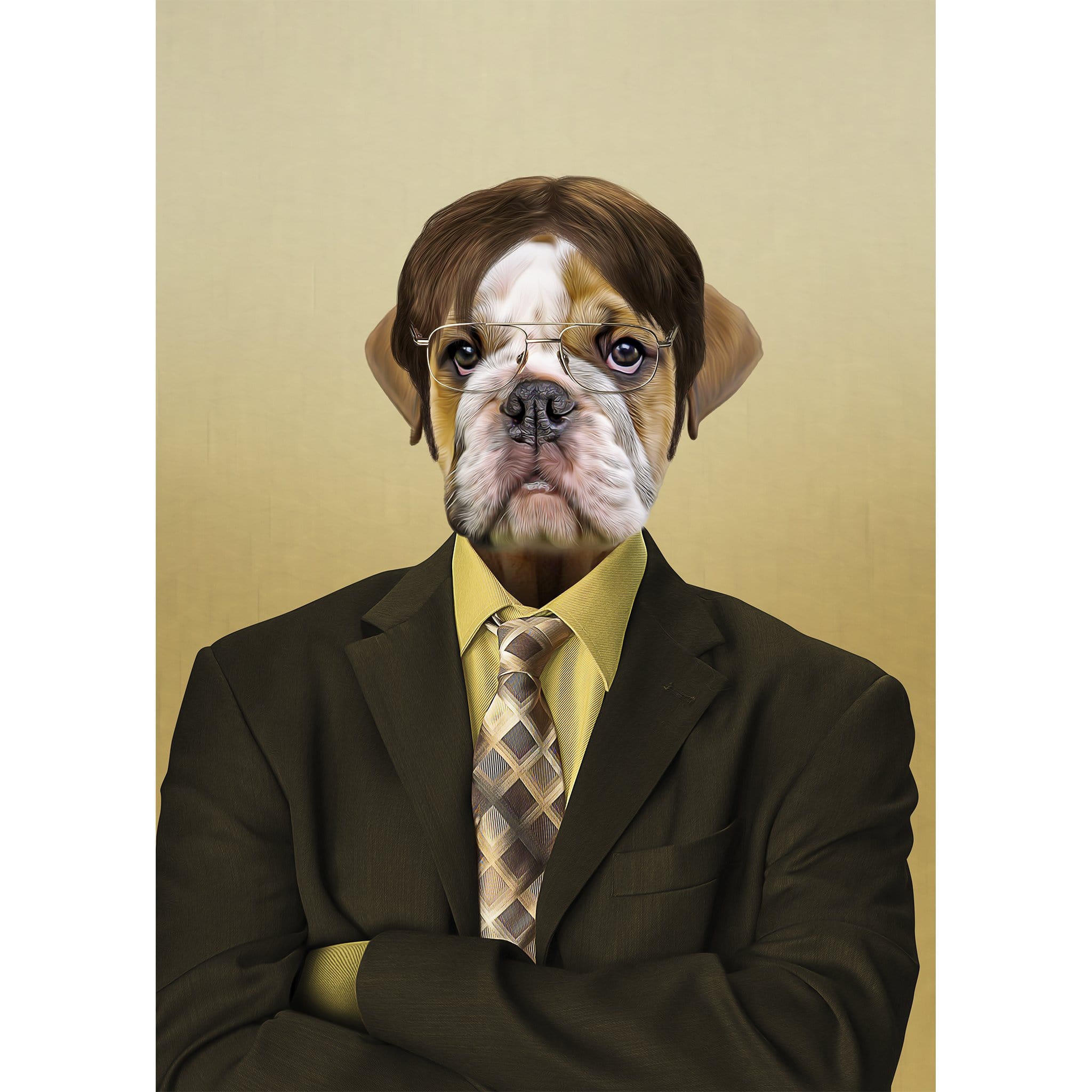 Custom digital portrait of a bulldog as Dwight Woofer, wearing a suit, tie, and glasses.