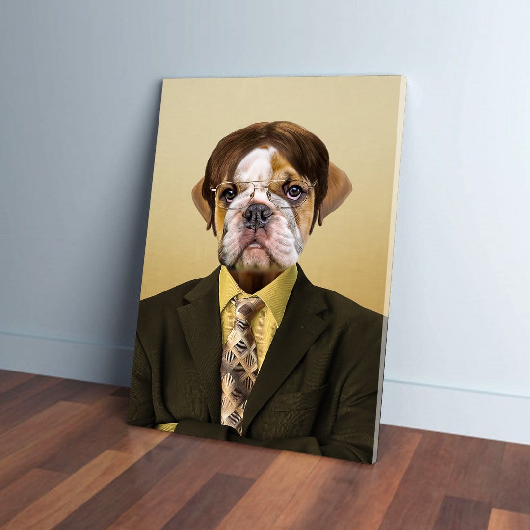 Personalized 'Dwight Woofer' pet canvas featuring a bulldog in a brown suit and glasses.
