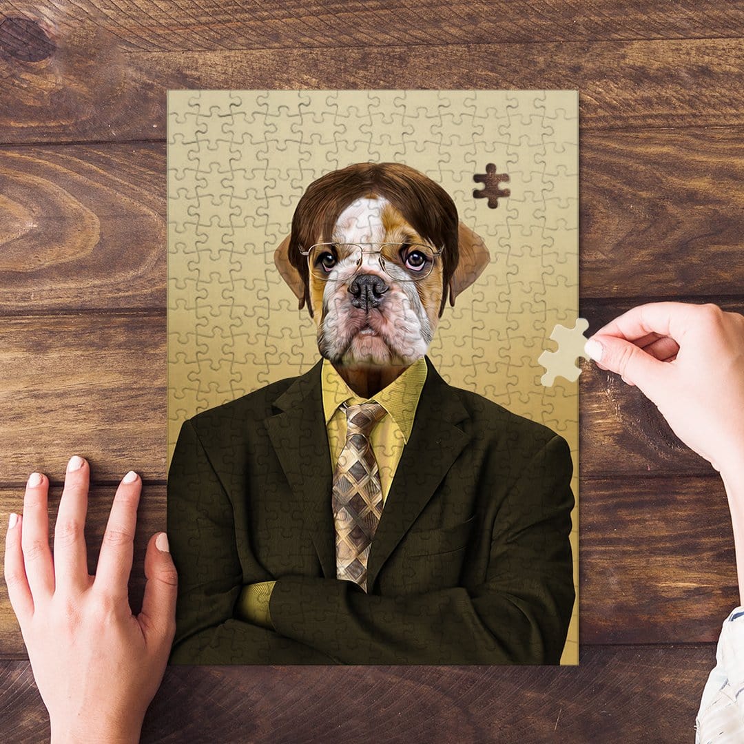 Personalized pet puzzle featuring a bulldog in a brown suit, with hands assembling pieces.