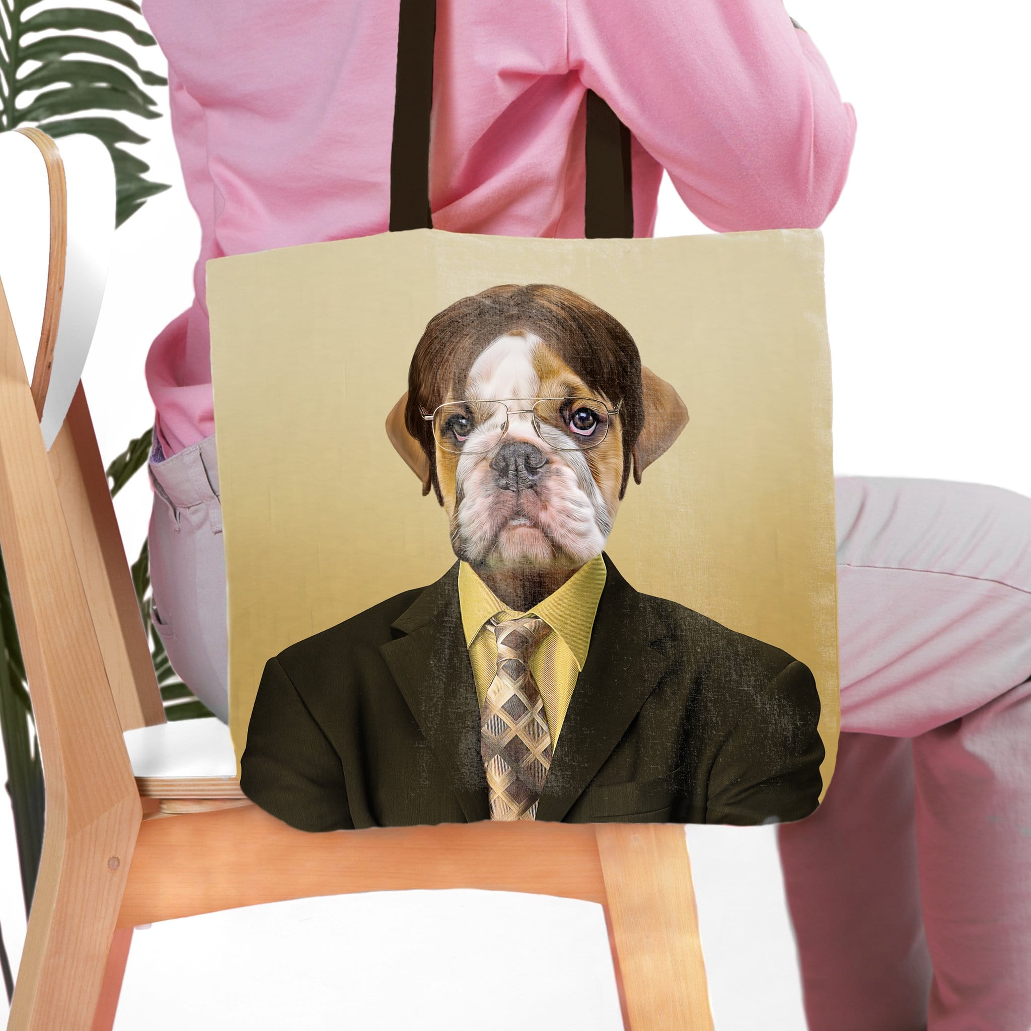 Personalized pet tote bag with a bulldog's head on a human body in a suit and tie.