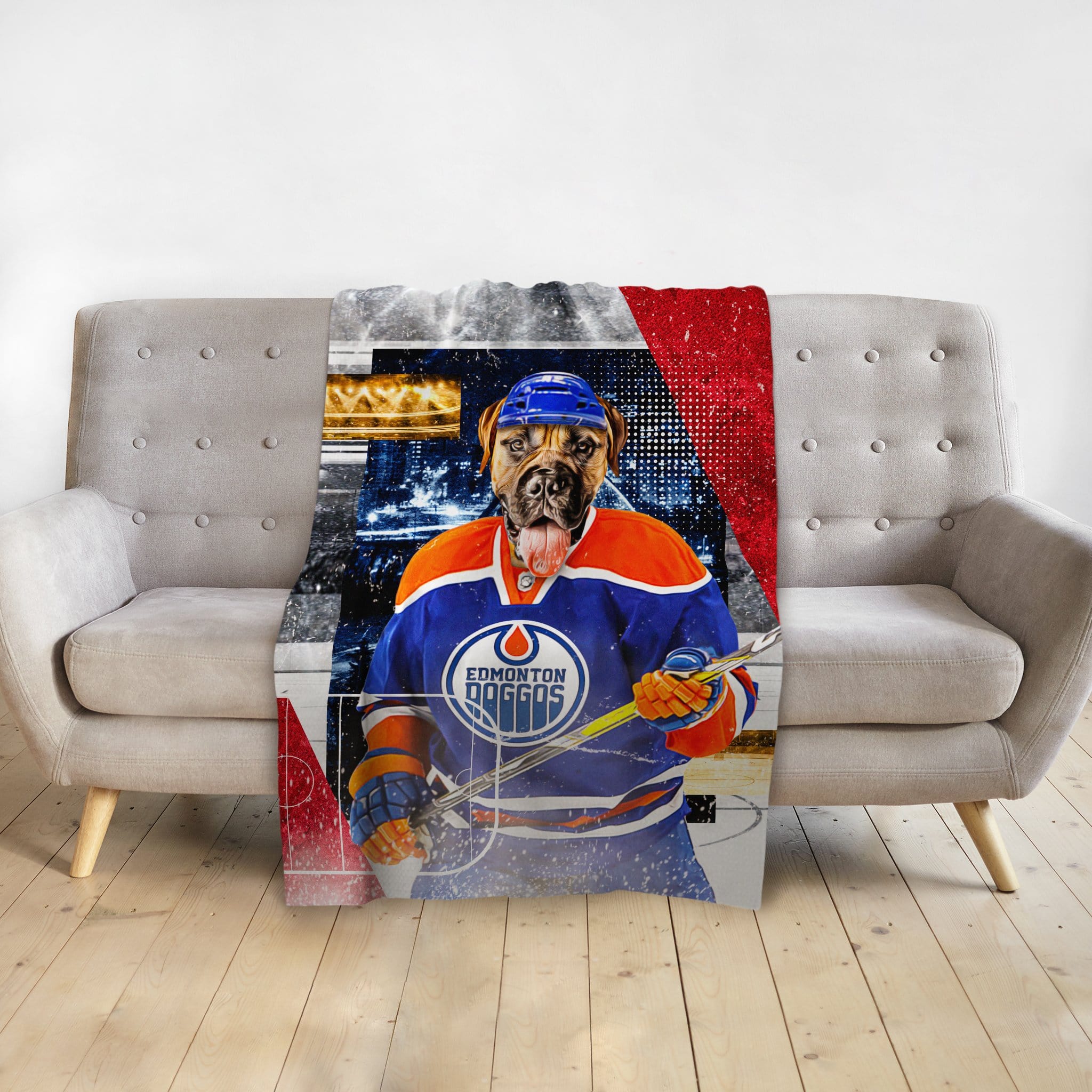 Custom personalized pet blanket featuring a dog in an Edmonton Doggos hockey uniform.