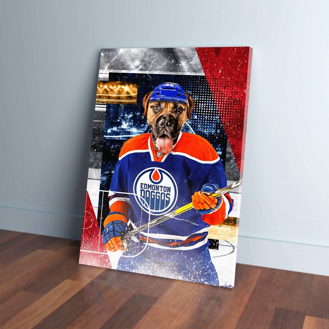 Personalized pet canvas featuring a dog in an Edmonton Doggos hockey jersey and helmet, holding a stick.
