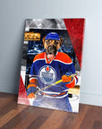 Personalized pet canvas featuring a dog in an Edmonton Doggos hockey jersey and helmet, holding a stick.