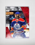 Personalized matte poster featuring a dog in an Edmonton Oilers hockey jersey, helmet, and holding a stick.