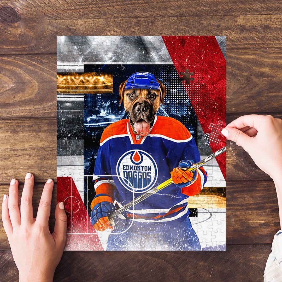 Personalized pet puzzle featuring a dog in an Edmonton Doggos hockey uniform.