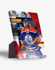 Personalized pet canvas featuring a dog in an Edmonton Doggos hockey jersey with a stick.