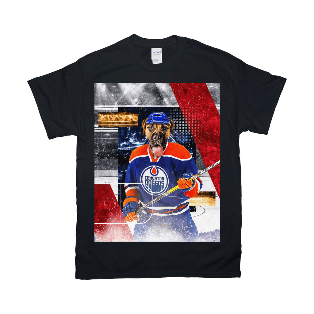 Black Gildan t-shirt featuring a personalized graphic of a dog in an Edmonton Oilers hockey uniform.