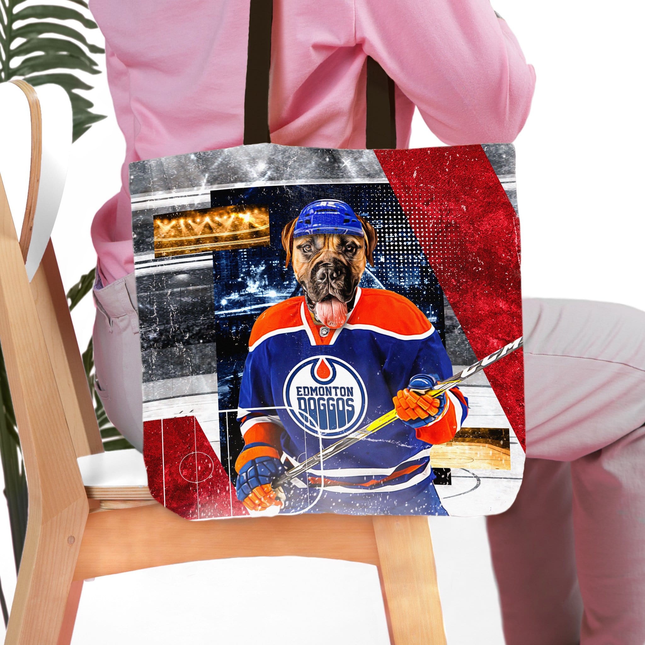 Personalized tote bag with a custom pet portrait of a dog in an Edmonton Doggos hockey uniform.