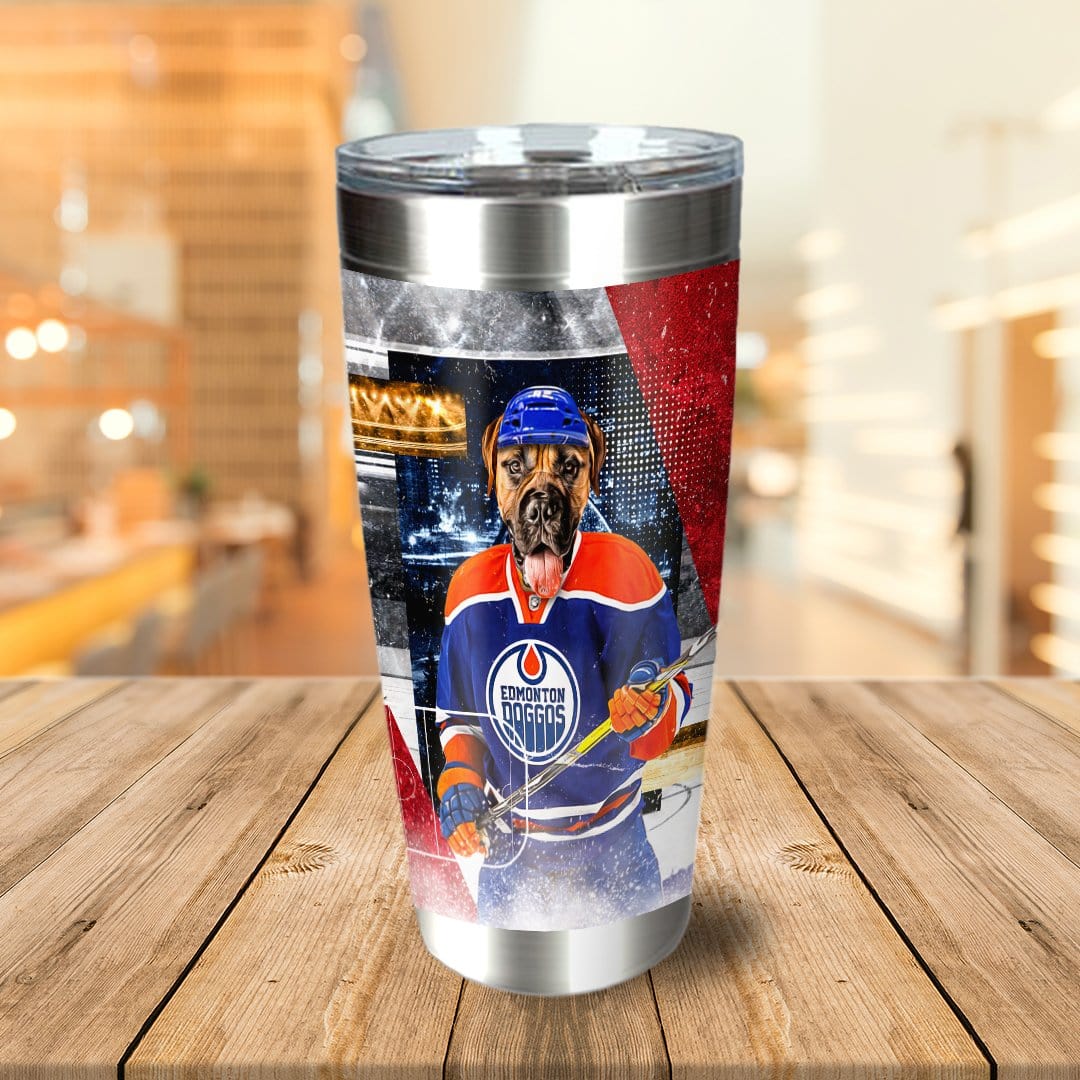 Personalized stainless steel tumbler with a custom dog portrait in an Edmonton Oilers hockey uniform.