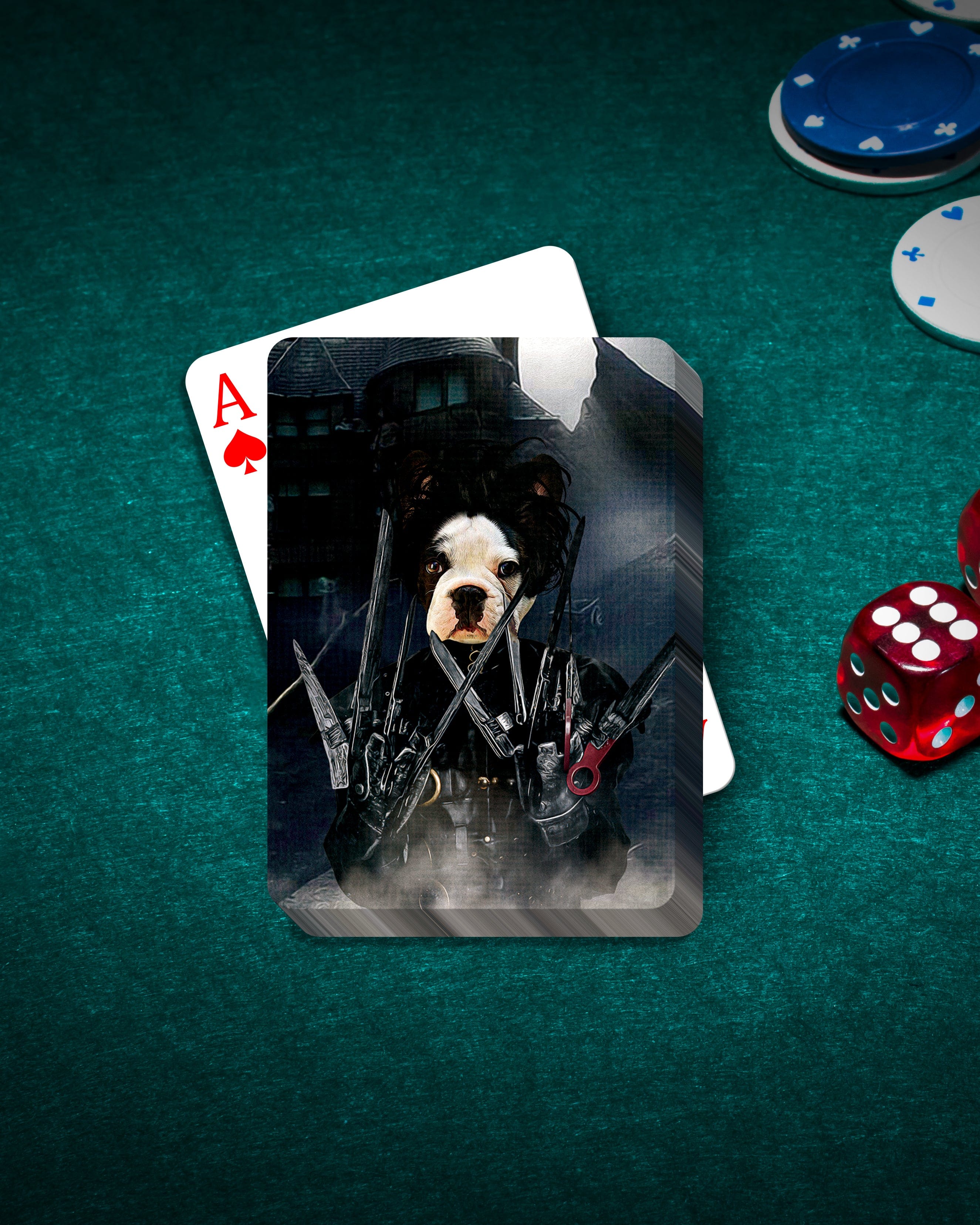 Custom Edward Scissorpaws personalized playing card featuring a Boston Terrier pet portrait, on a green felt table with poker chips and dice.