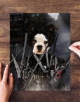 Personalized pet puzzle featuring a Boston Terrier as Edward Scissorpaws, held by hands on a wooden table.