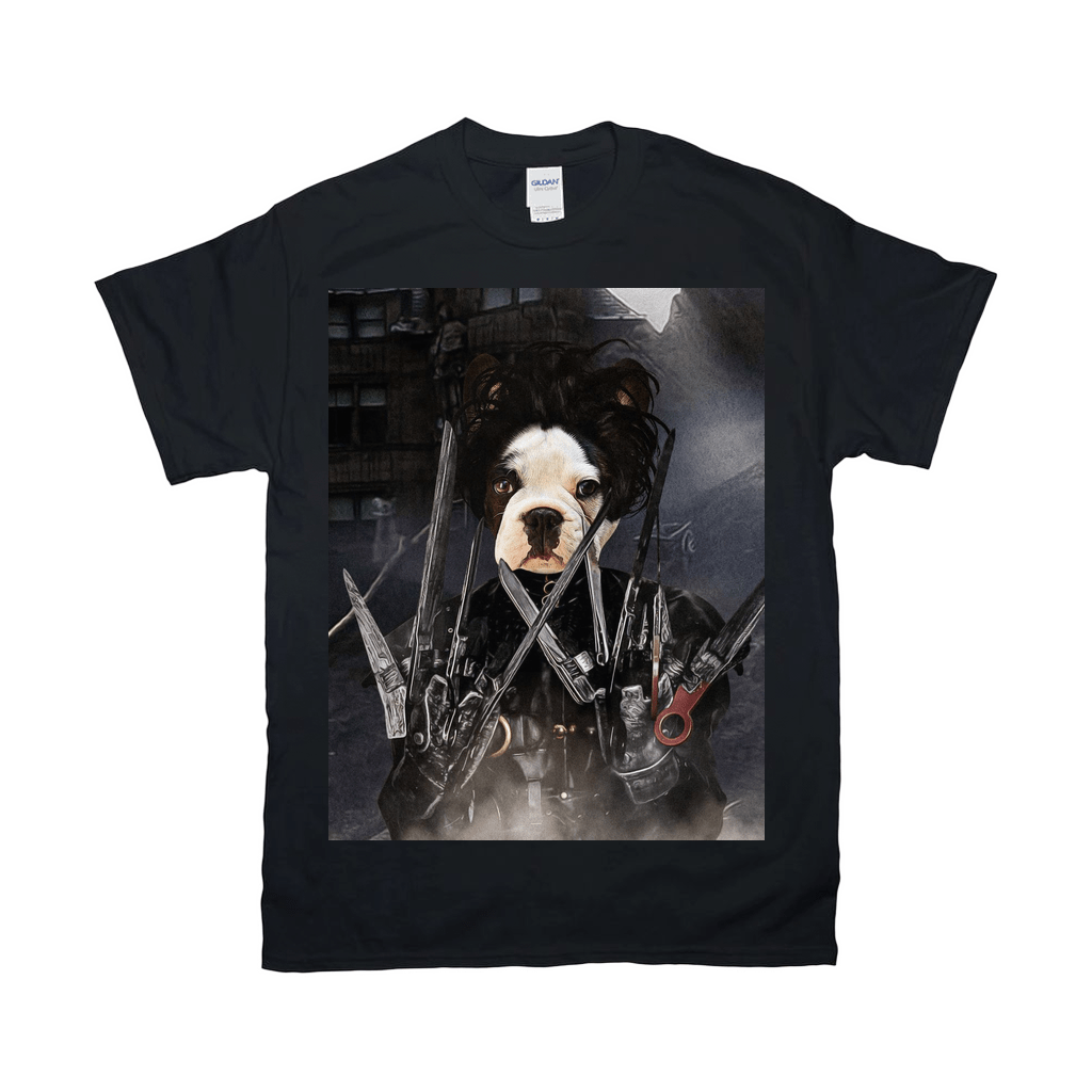Black Gildan unisex t-shirt with a custom "Edward Scissorpaws" pet portrait design featuring a bulldog.