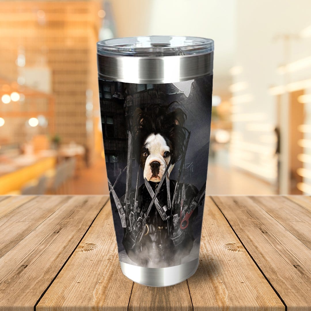 Personalized stainless steel tumbler with a custom dog portrait in an Edward Scissorpaws costume.