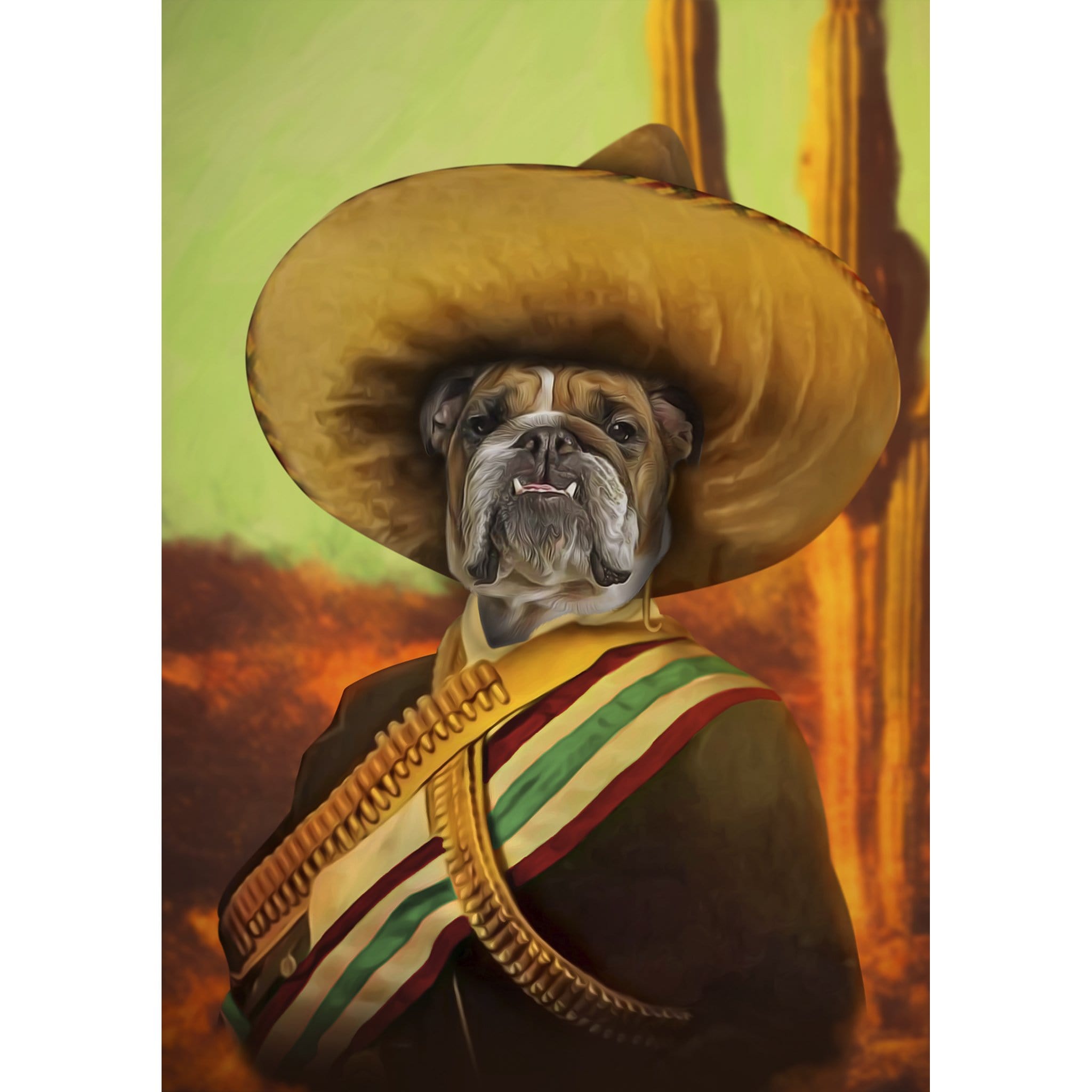 Custom 'El Jefe' digital portrait of a bulldog in a sombrero and bandolier, desert background.