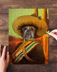 Personalized 'El Jefe' pet puzzle featuring a bulldog in a sombrero and sash.