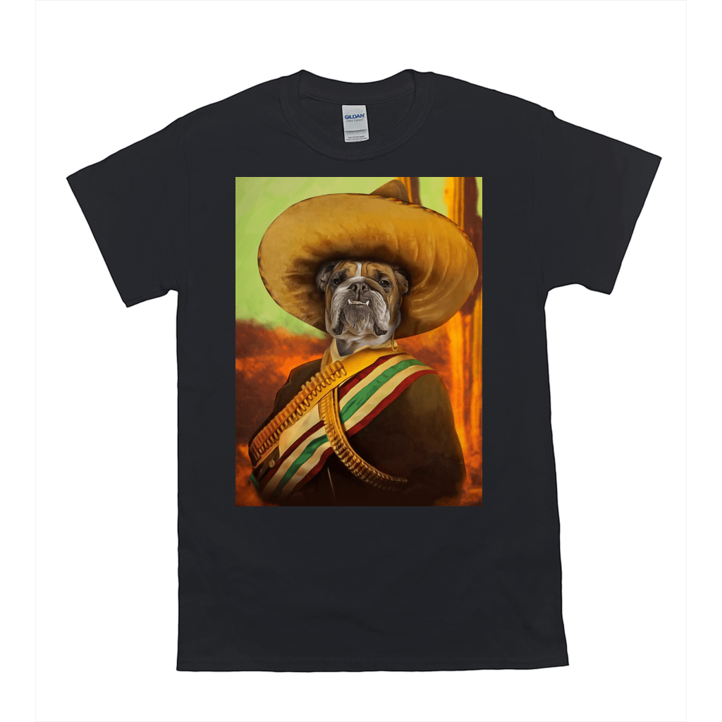 Black Gildan t-shirt featuring a bulldog in a sombrero and bandolier, "El Jefe" personalized pet design.